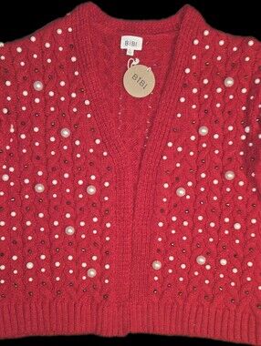 BiBi Red Pearl/Rhinestone-Embellished Cable Cardigan Size Large